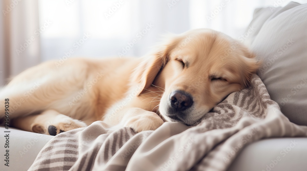 Cute dog sleeping comfortably on sofa with space for text on left top side of image Cute dog sleeping comfortably on sofa with space for text on left top side of image