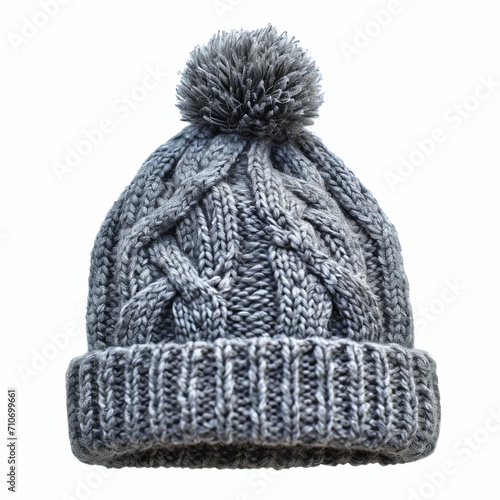 Classic Gray Knitted Winter Hat with Pom-Pom on White Background. Generative ai