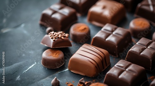 Assortment of Gourmet Chocolates on a Dark Background. Generative ai