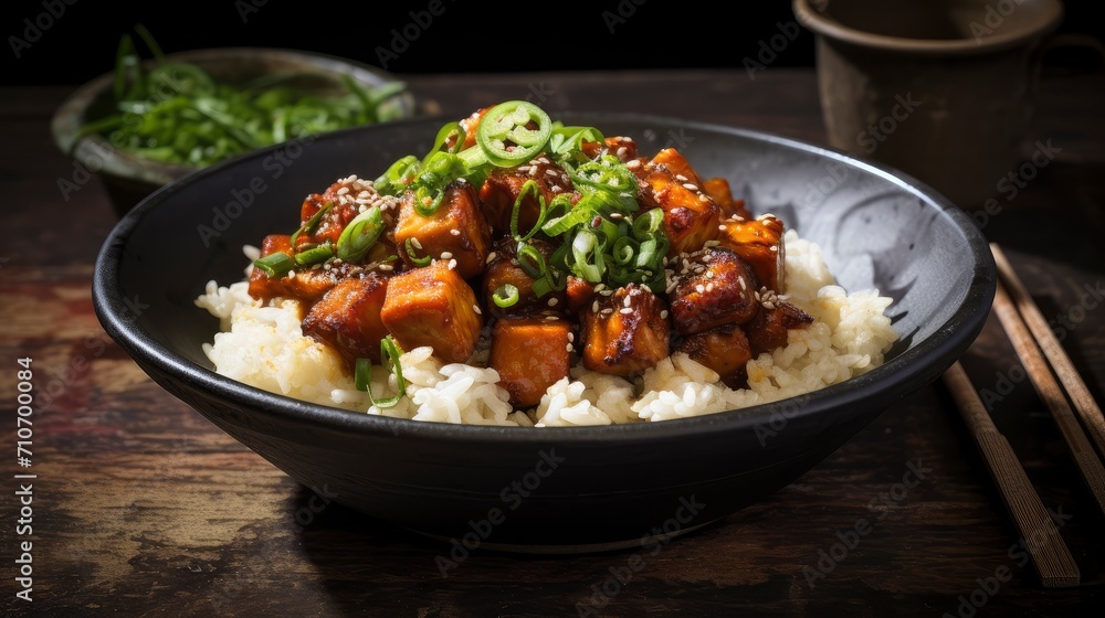 Delectable Tofu Teriyaki Bowl on Rice with Fresh Greens and Sesame Seeds, Asian Cuisine Delight Delectable Tofu Teriyaki Bowl on Rice with Fresh Greens and Sesame Seeds, Asian Cuisine Delight