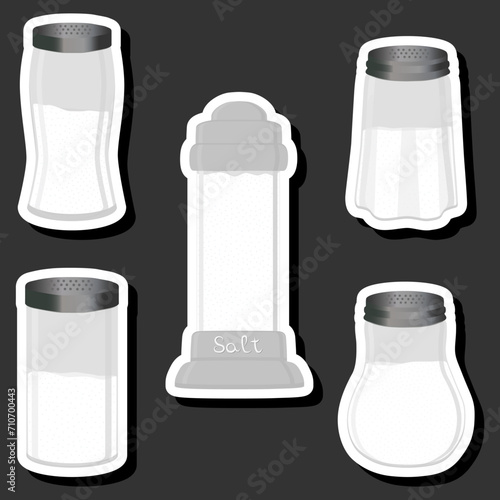 Illustration on theme big set different types ware filled salt for organic cooking