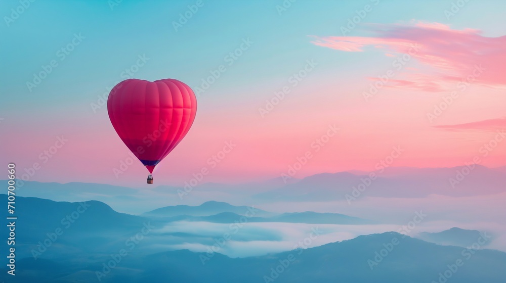 Heart-Shaped Hot Air Balloon Soaring at Sunrise. Generative ai