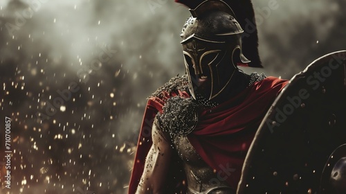 Spartan Soldier in Golden Light of Battle. Generative ai photo