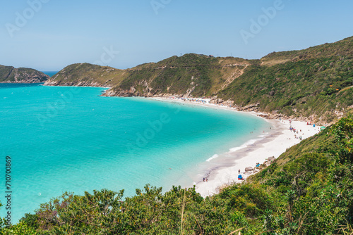 Aerial view of a bay with turquoise water and mountains in Pontal do Atalaia, Arraial do Cabo, Rio de Janeiro, Brazil