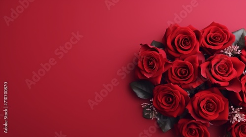 A bouquet of red roses with space for your flower shop or floral arrangement advertisement on a solid crimson background.