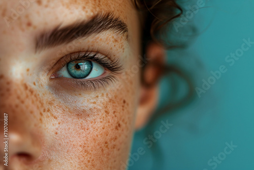 European woman with distinct freckles and melasma,woman's face showing, isolated a plain blue colored background. photo