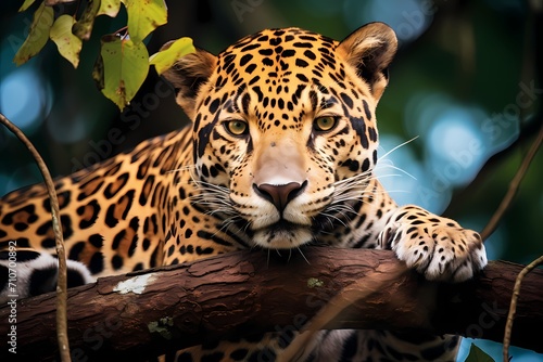 A powerful jaguar resting on a tree branch  surveying the jungle with watchful eyes.