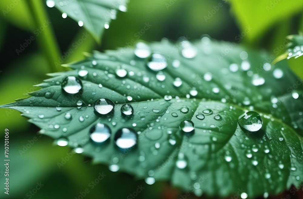 Raindrops stuck to the green leaves that looked fresh in the garden. Dark green foliage of a healthy plant with serrated leaves glistening with raindrops. Low key, horizontal background or banner Raindrops stuck to the green leaves that looked fresh in the garden. Dark green foliage of a healthy plant with serrated leaves glistening with raindrops. Low key, horizontal background or banner