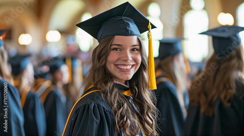 young woman at a graduation ceremony, smiling wearing a graduation cap and gown accomplishment blurred background