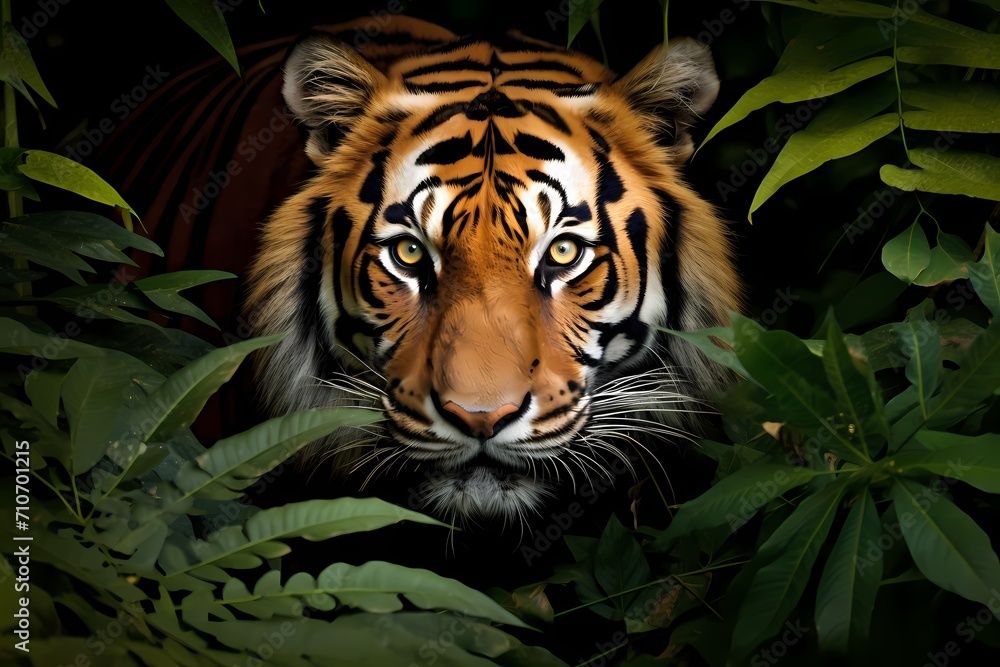 A regal Bengal tiger prowling through dense foliage, its piercing gaze locked forward.