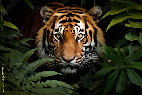 A regal Bengal tiger prowling through dense foliage, its piercing gaze locked forward. © Animals