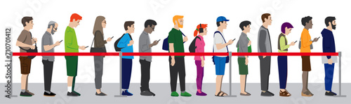 Group of people standing waiting in line queue horizontal format