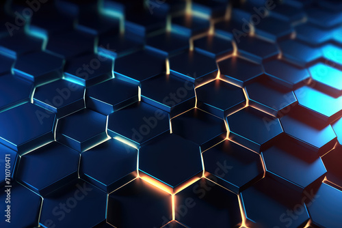 Hexagonal geometric ultra wide background. Abstract blue of futuristic. Sci fi banner  cover. 3d render illustration.