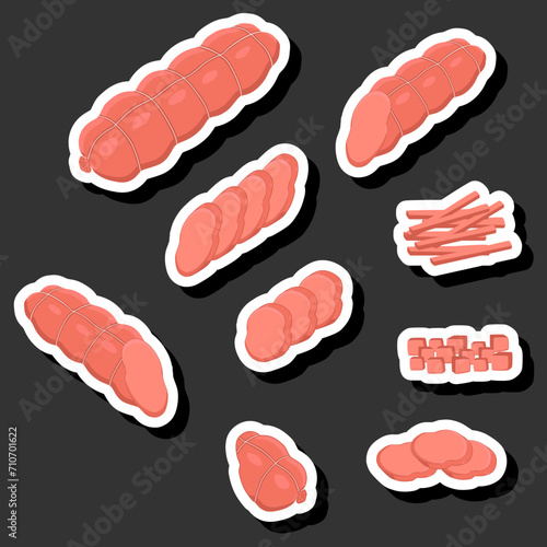 Illustration on theme big set different types delicatessen meat sausages