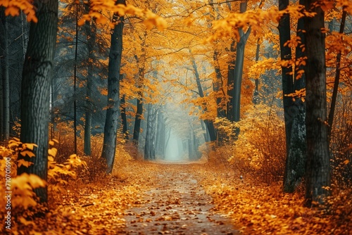 autumn in the woods. "Autumn Whisper: Serene Forest Path in Golden Light"