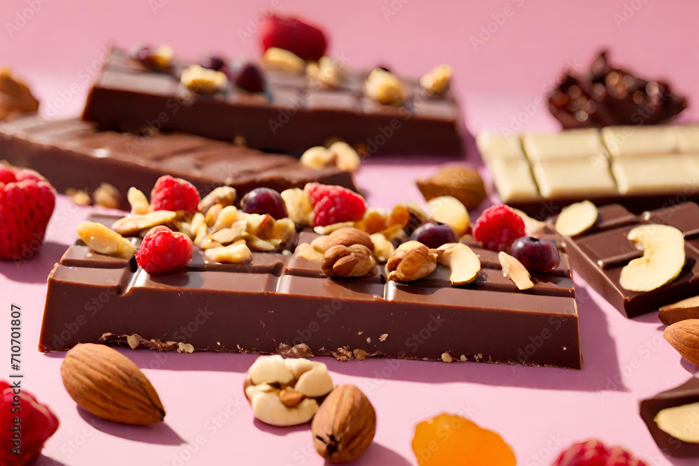 A chocolate bar with nuts and fruits A chocolate bar with nuts and fruits