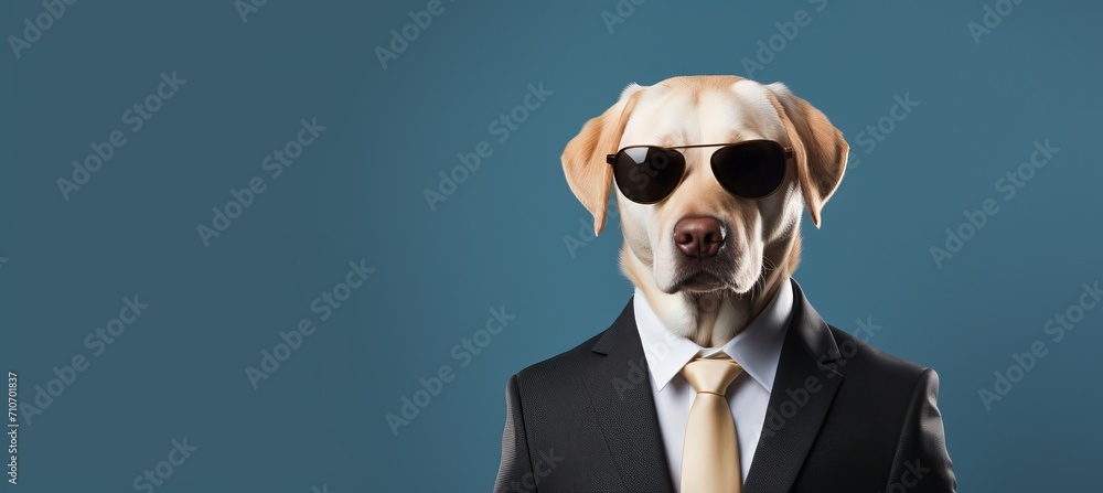 Fashionable dog in sunglasses and suit, isolated on blue background with text space on the left Fashionable dog in sunglasses and suit, isolated on blue background with text space on the left