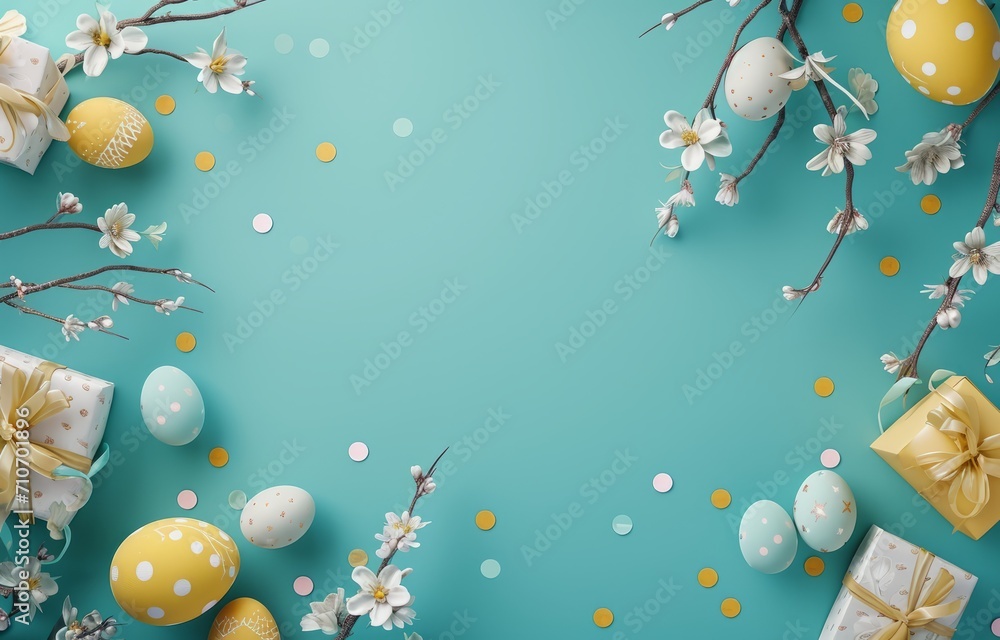 Colorful Easter eggs on blue background. Top view. Happy Easter concept Colorful Easter eggs on blue background. Top view. Happy Easter concept