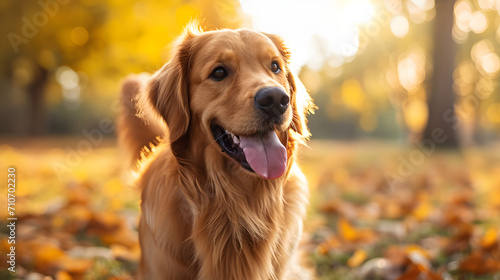golden retriever in autumn park, a loyal and loving dog wagging its tail, waiting eagerly for its owner's return