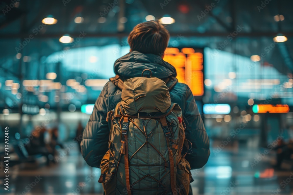 Traveler at airport terminal. Travel concept. Generative AI