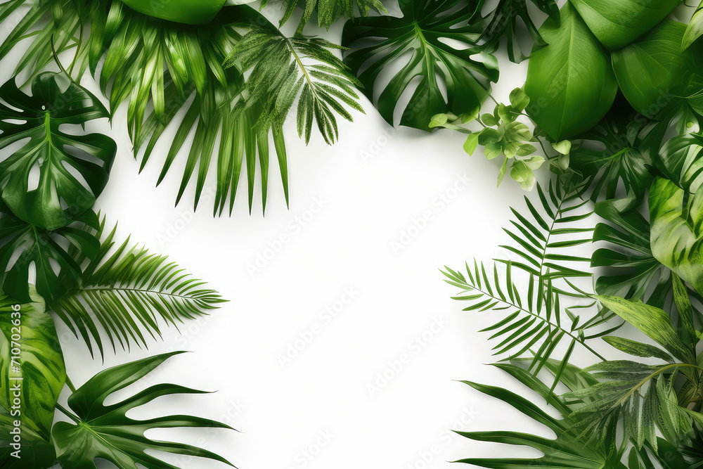 Fototapeta premium Green tropical leaves frame on white background. Summer concept.