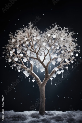 Valentine's Day scene: A heart-shaped tree composed of glistening white crystals against a mysterious dark background,vertical photo. © JuLady_studio
