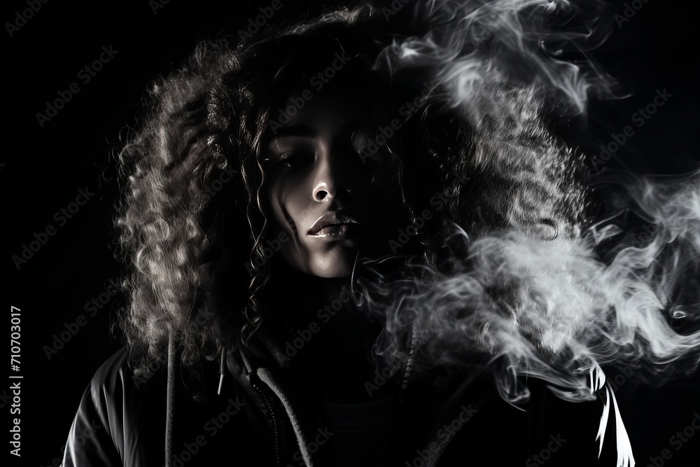 Beautiful woman enjoying a cigarette and releasing a graceful plume of smoke into the air