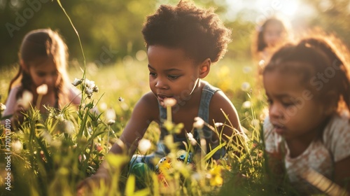 Little happy black kids are hunting for Easter eggs. Easter traditions.