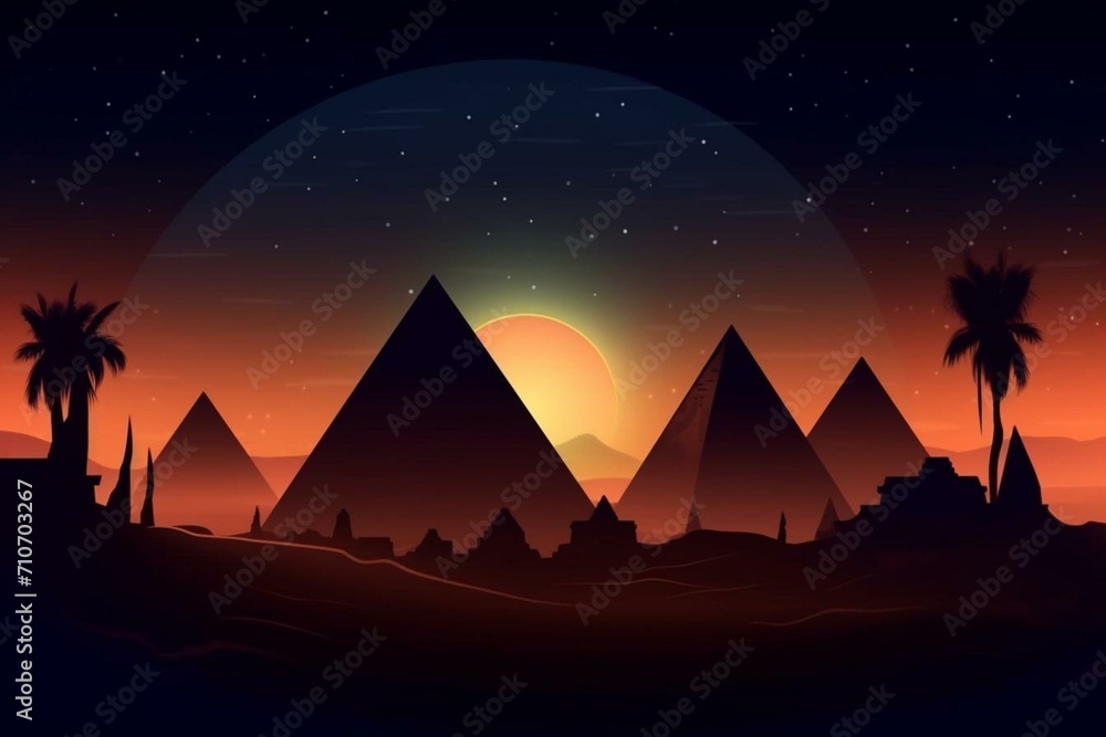 A nocturnal desert scene with glowing lights and pyramids. Generative AI