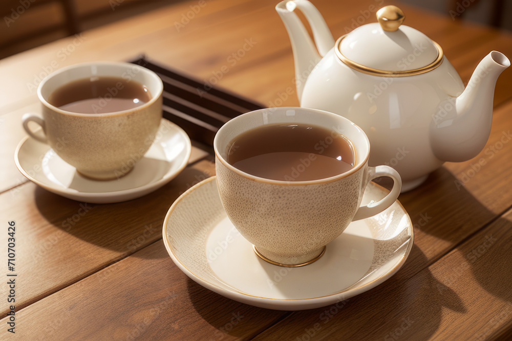 cups of tea and a teapot on a table,generative ai cups of tea and a teapot on a table,generative ai