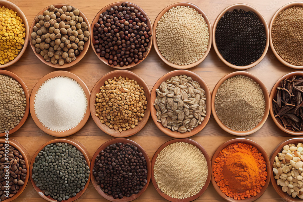 a wooden table topped with bowls filled with different types of spices,generative ai a wooden table topped with bowls filled with different types of spices,generative ai