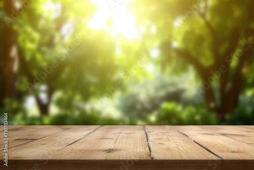 Empty wooden table top with lights bokeh on blur background. 3d render illustration.