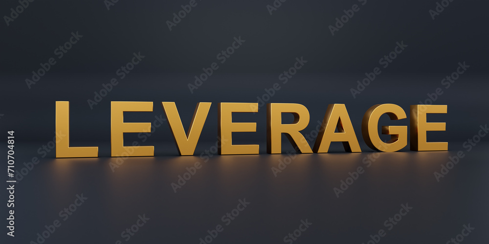 Obraz premium Leverage. Text in gold metallic capital letters. Business finance and industry, investing, stock market and exchange, debt financing, venture capital. 3D illustration