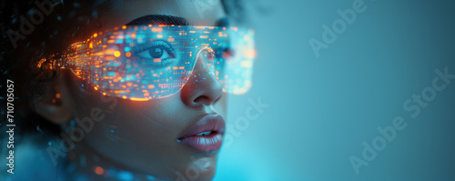 portrait of a young woman wearing futuristic VR AR glasses on a light blue background with copy space 