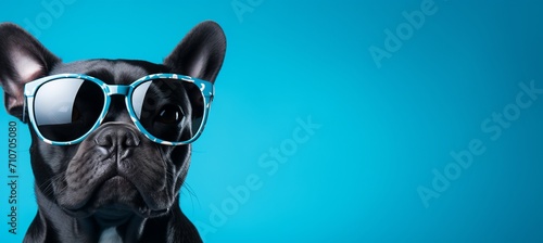 dapper dog in sunglasses and suit with tie, isolated on blue background with copy space on left © Ilja