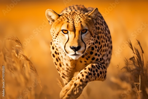 A stealthy cheetah sprinting across the grasslands, its sleek form blurred in motion.