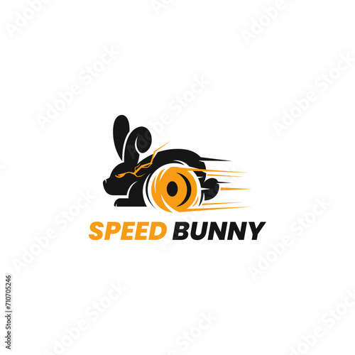 Rabbit Bunny Hare Silhouette Logo With Fast Spinning Wheels, Lightning Flashes, Depicting Full Speed, Suitable for Delivery Service Business Logo Templates and Racing Car Repair Shops