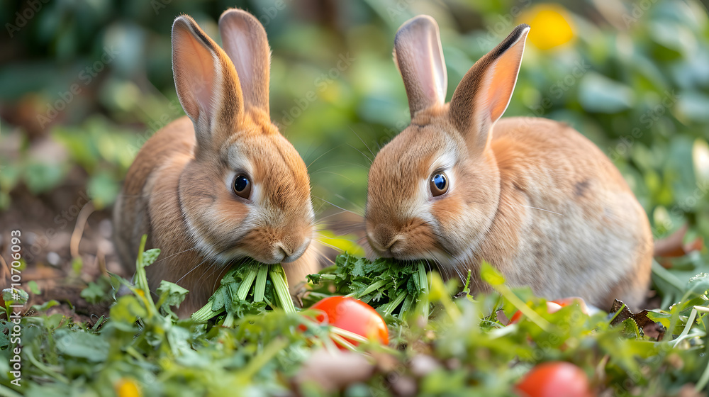 rabbit in the grass, a pair of adorable rabbits munching on fresh vegetables in a cozy backyard garden