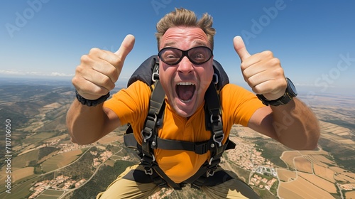 Ecstatic man skydiving with a joyful expression, gracefully descending from an airplane