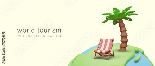 Composition with realistic palm standing on planet with ground and sea, sunbed. Travel and tourism around world concept. Vector illustration in 3d cartoon style with place for text