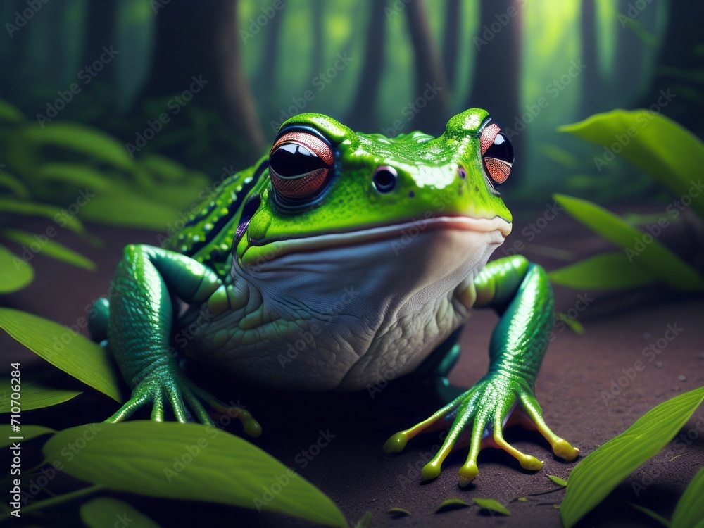 A frog perched on the forest floor, blending with its surroundings A frog perched on the forest floor, blending with its surroundings
