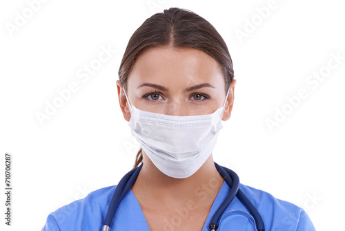 Woman, portrait and doctor with face mask for protection, health and safety in surgery on a white studio background. Female person, surgeon or medical nurse with protective gear for bacteria or germs