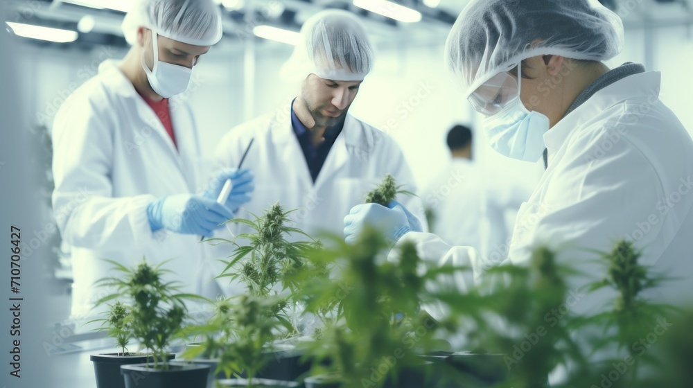 A group of doctors work in a laboratory studying medical varieties of cannabis. A group of doctors work in a laboratory studying medical varieties of cannabis.
