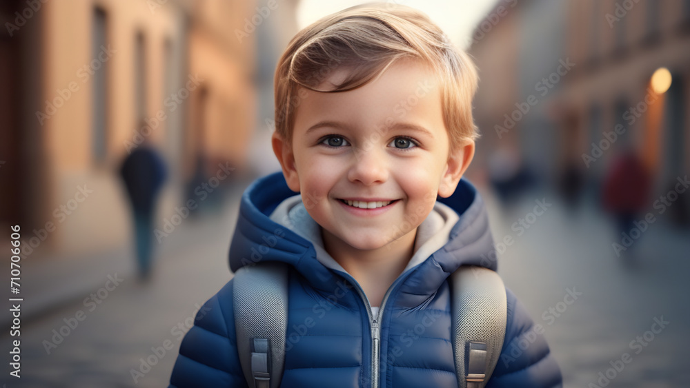 Beautiful happy child in a jacket with a backpack smiles and looks at the camera in the city. A boy with blond hair against a blurred background of a busy street. Beautiful happy child in a jacket with a backpack smiles and looks at the camera in the city. A boy with blond hair against a blurred background of a busy street.