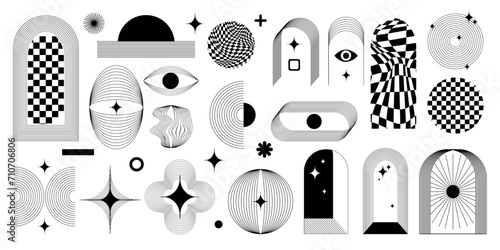 Boho frame set, vector abstract shapes in minimal y2k style, modern line objects, mystic border. Simple futuristic objects, stars, retro grid rainbow print, bohemian arch element. Art deco boho frame