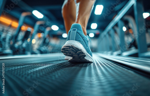 Male muscular feet in sneakers running on the treadmill at the gym © somruethai