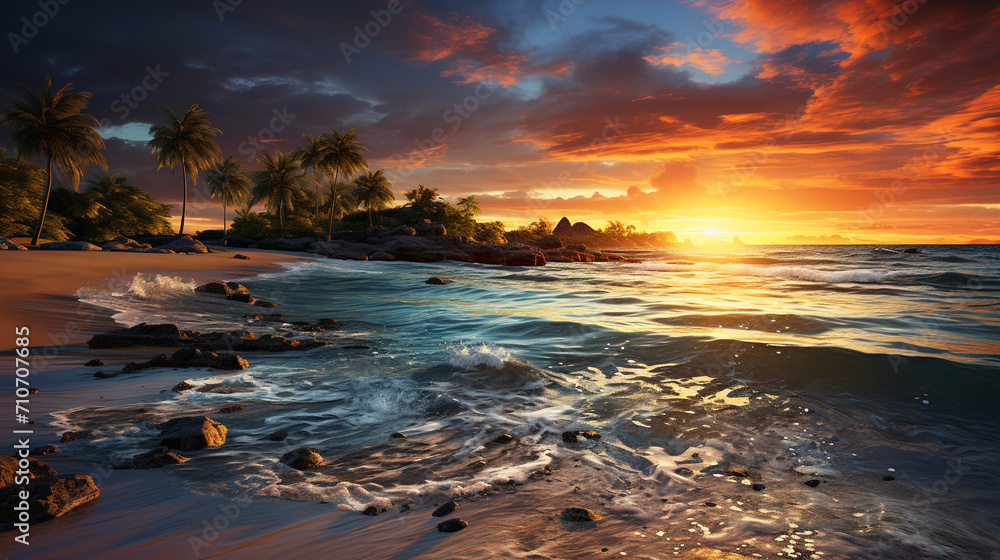 Fototapeta premium Sunset Serenity and Waves on the Sea Beach during the Summer Season