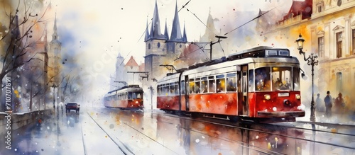 Illustration watercolor sketch of a old tram moving on city street. Generate AI image photo