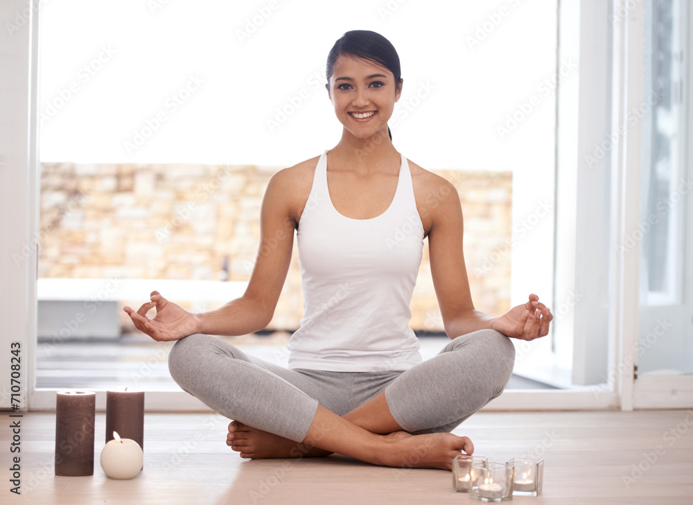 Lotus, yoga or portrait of woman on the floor for exercise, healthy body or wellness. Smile, ardha padmasana pose and person or girl at home for holistic physical activity, relax and fitness practice Lotus, yoga or portrait of woman on the floor for exercise, healthy body or wellness. Smile, ardha padmasana pose and person or girl at home for holistic physical activity, relax and fitness practice