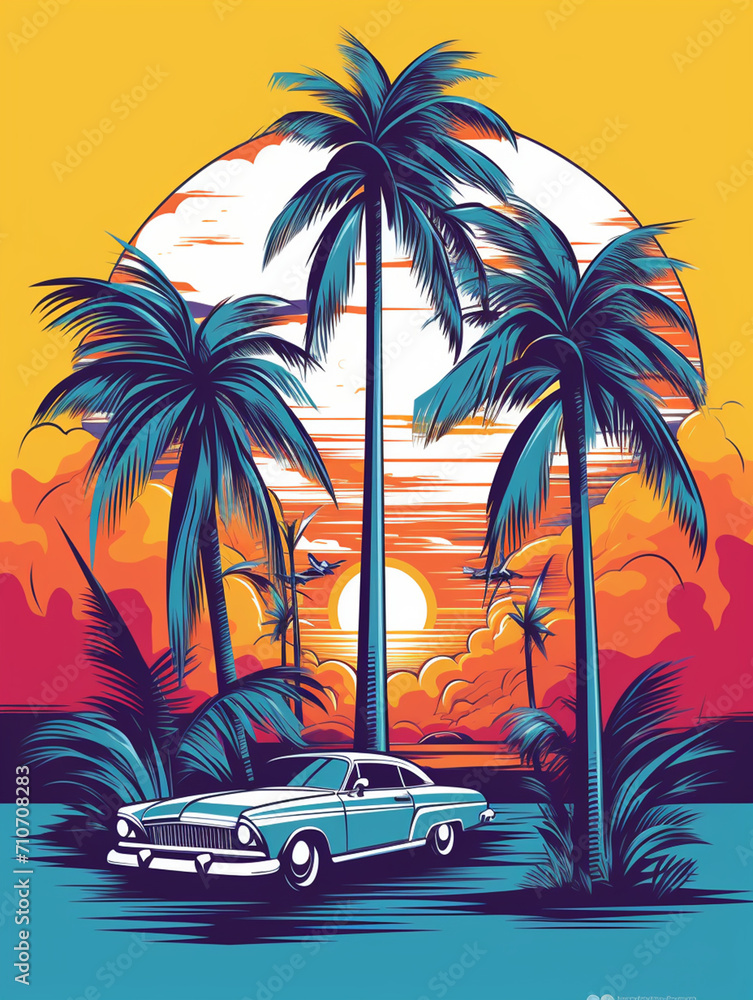 T-shirt design, Abstract 1980's futurism. Car city, beach, palms art style created with Generative Ai
